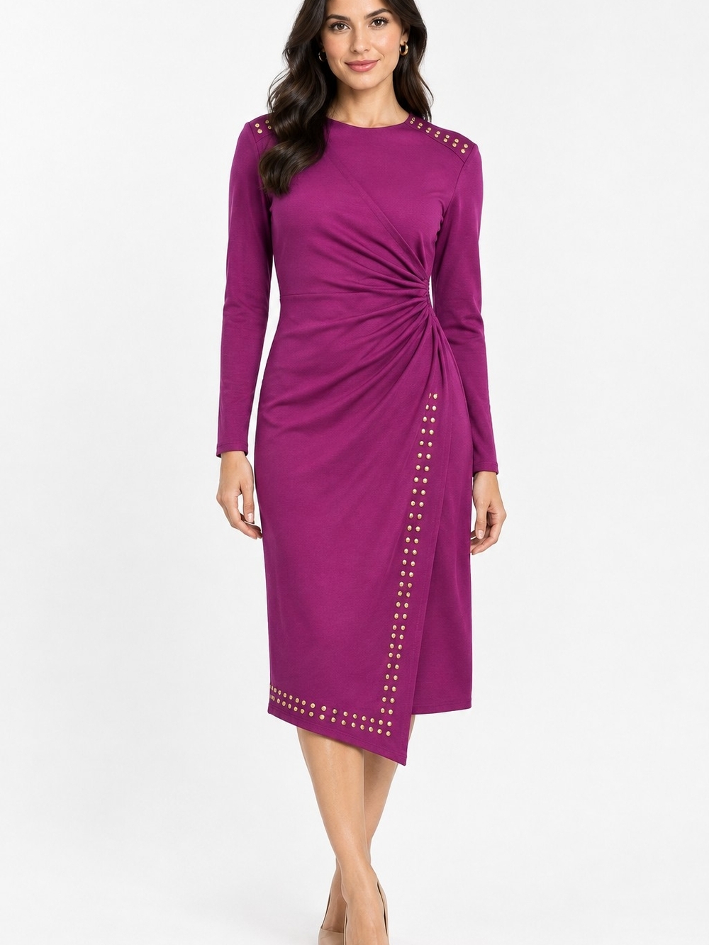 Thalia Sodi Twist-Detail Midi Dress in Magenta with Gold Studs